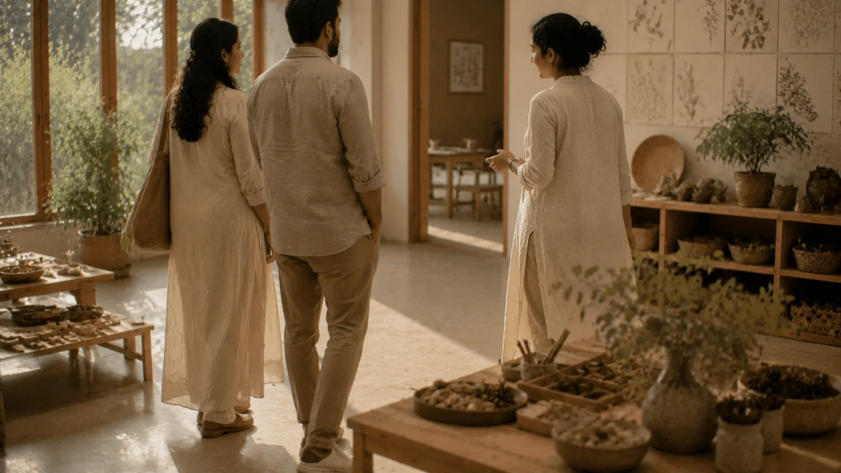 A parent and child arriving together through a softly lit entrance