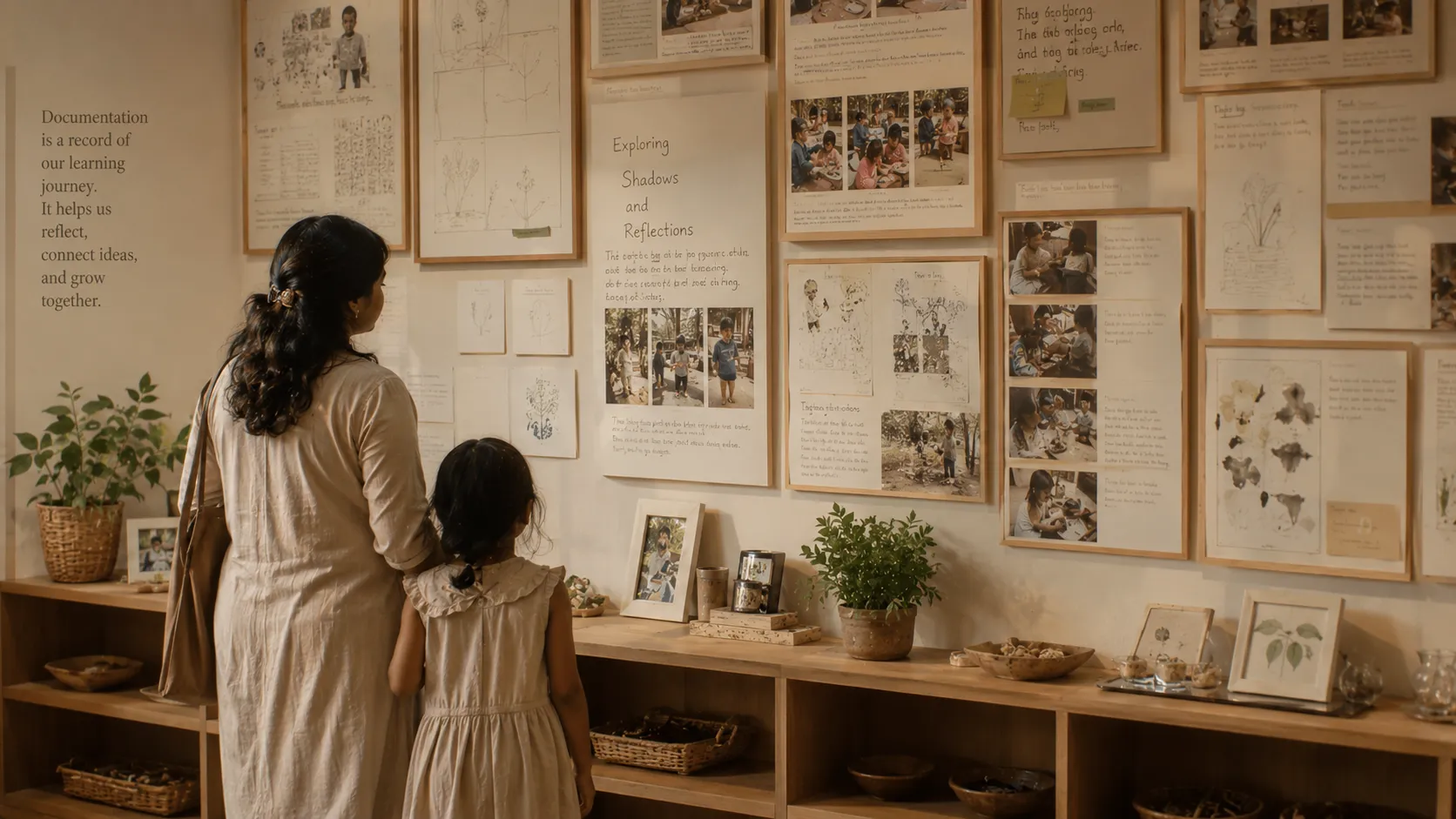 The Atelier: a sunlit studio with clay, charcoal, wire, fabric and light tables within children's reach