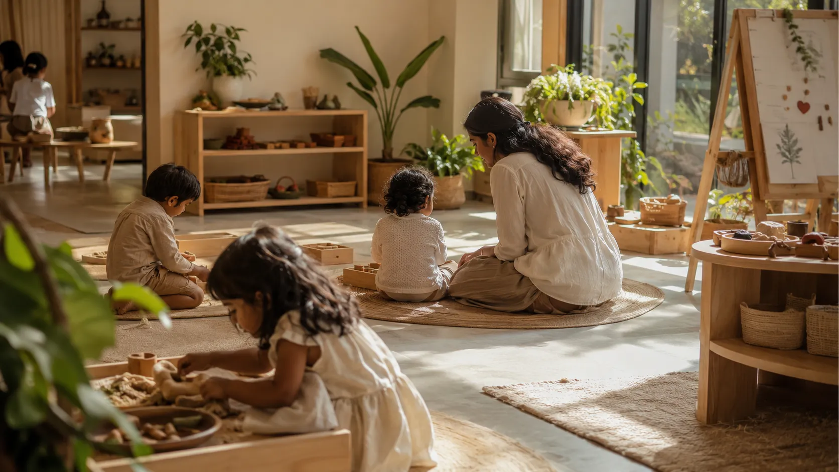 A child absorbed in exploration within a sunlit atelier at Kisalaya House