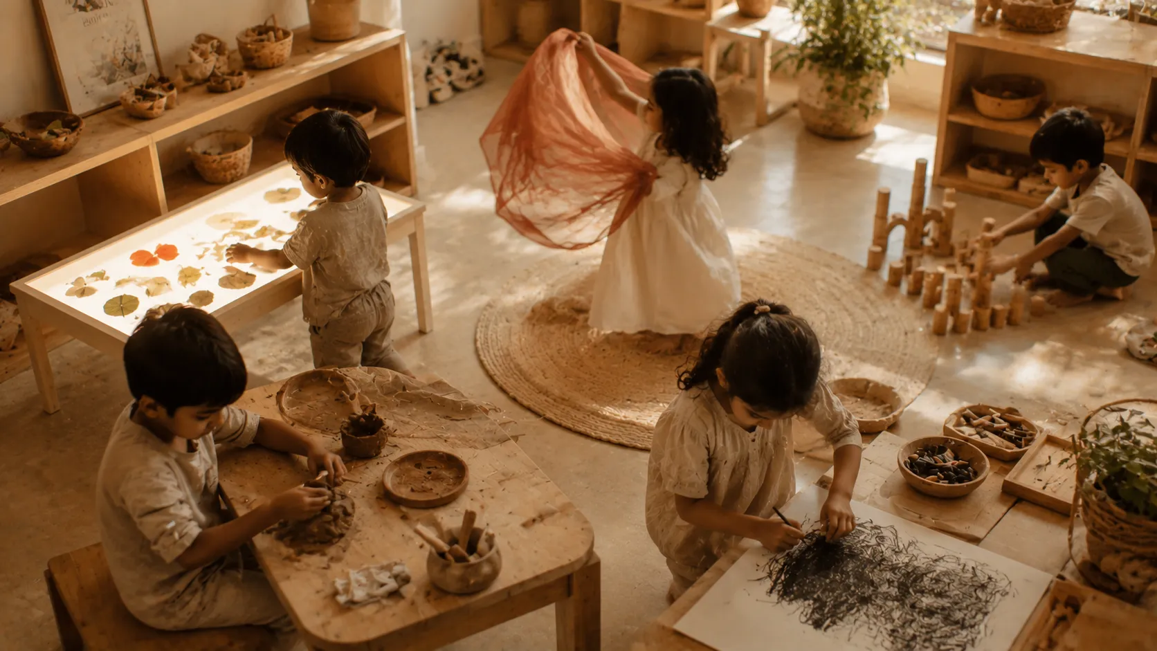 An educator kneeling beside a child, listening closely as the child explains a discovery